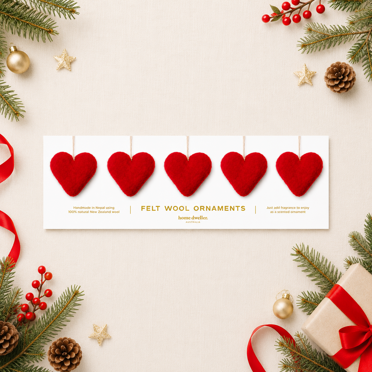 Felt Wool Heart Ornament Set: Pink