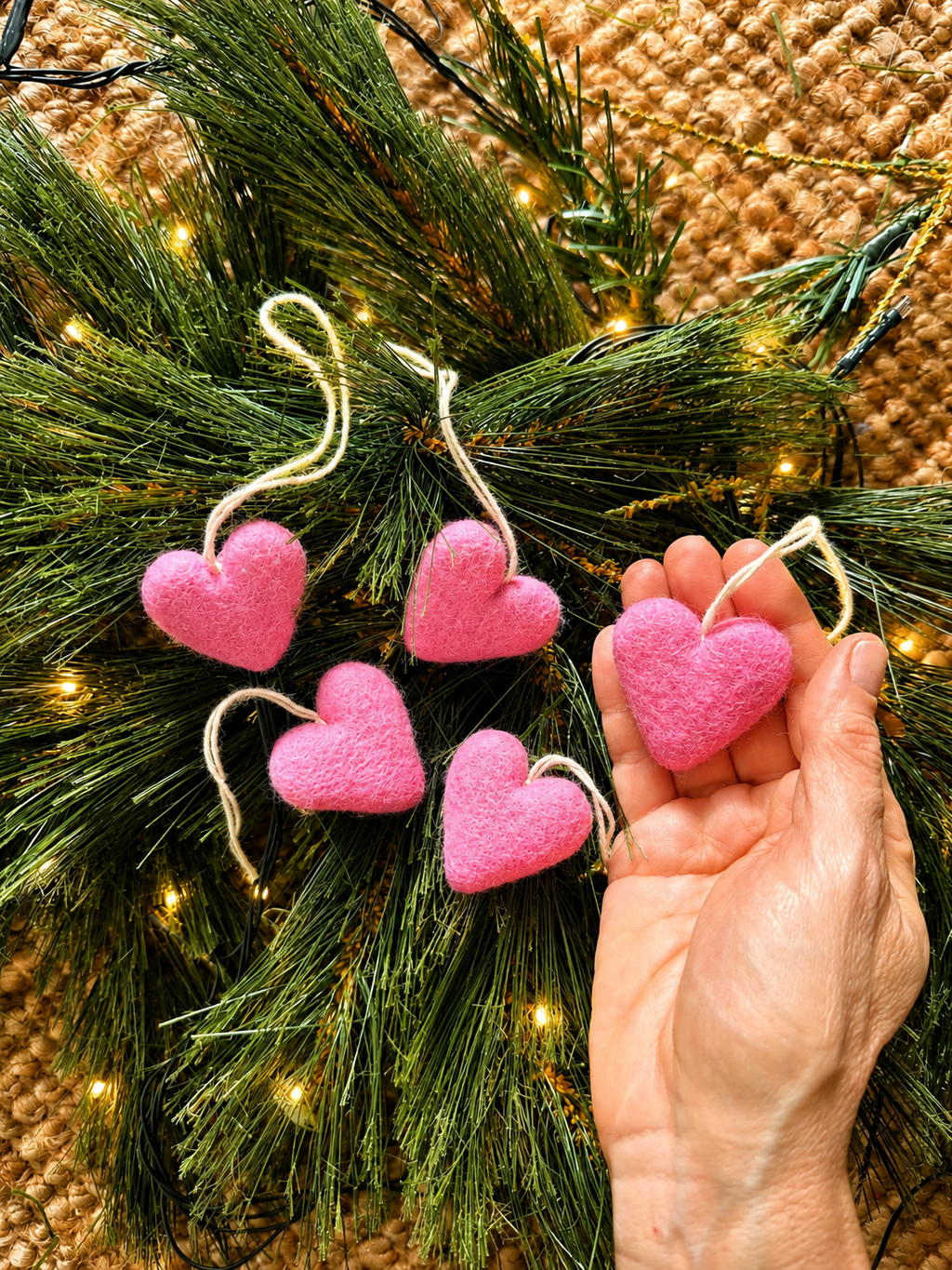 Felt Wool Heart Ornament Set: Pink