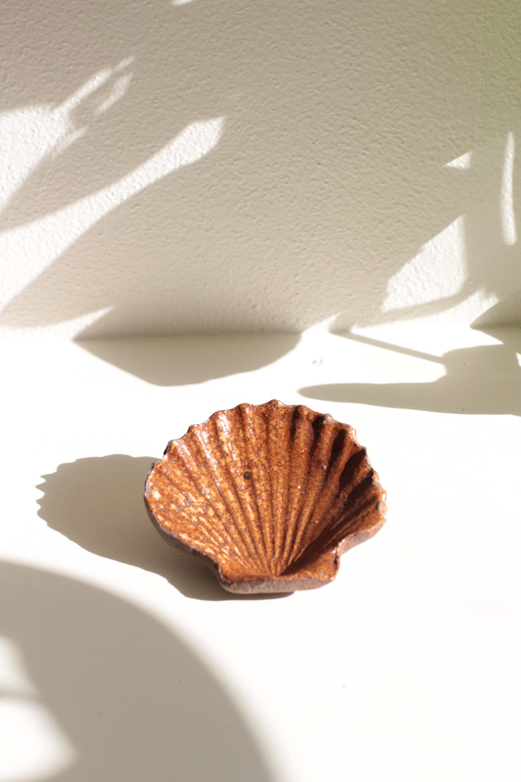 Brown shell handmade by Collective Autonomy on a white surface with shadows