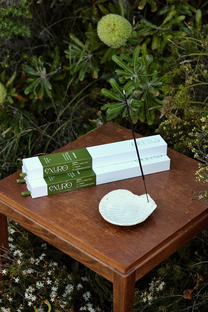 Stacks of incense and a shell on a wooden table with a natural background