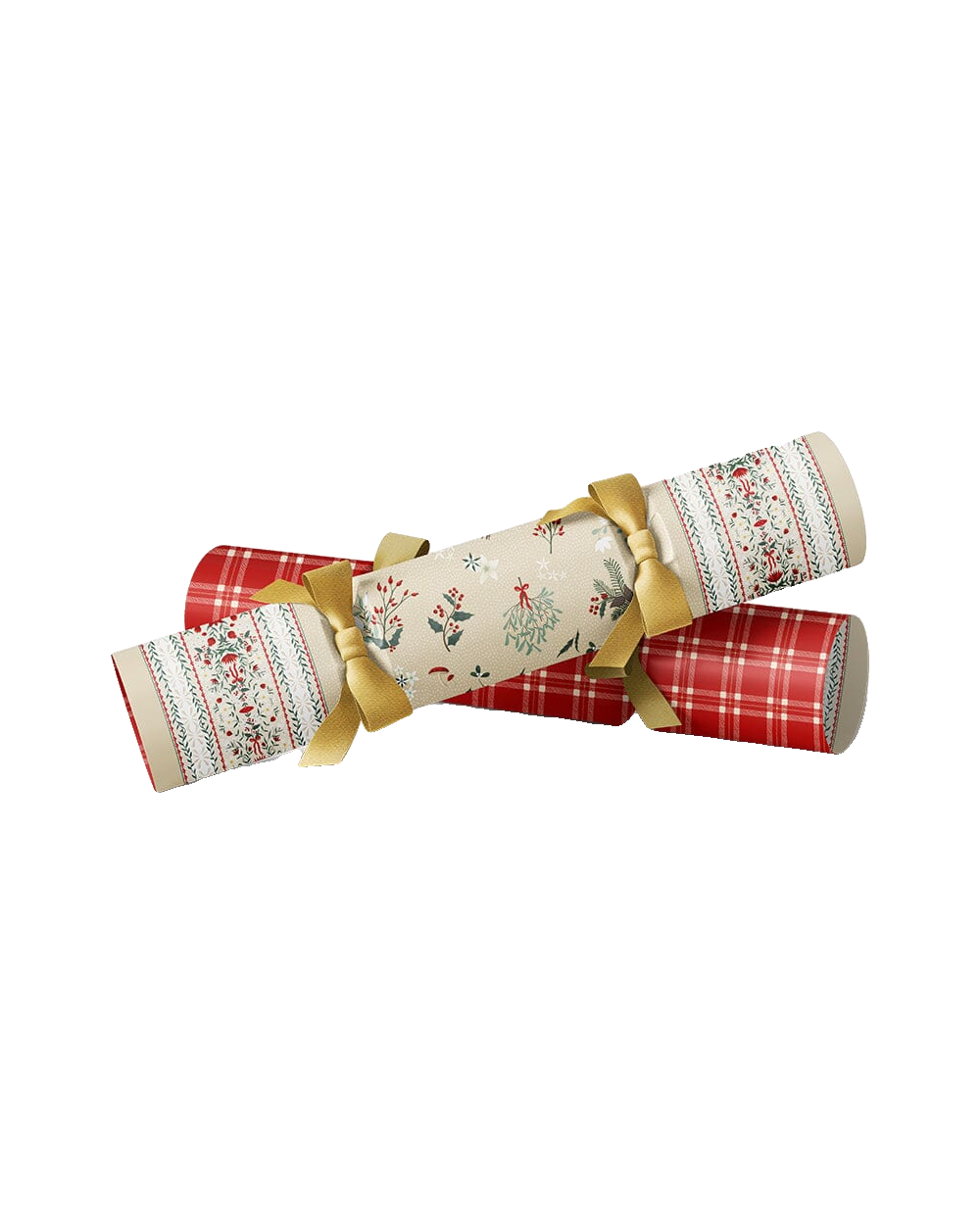 Bespoke Letterpress Heirloom Holly Christmas crackers in red plaid and cream holly print, tied with gold ribbon