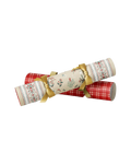 Bespoke Letterpress Heirloom Holly Christmas crackers in red plaid and cream holly print, tied with gold ribbon