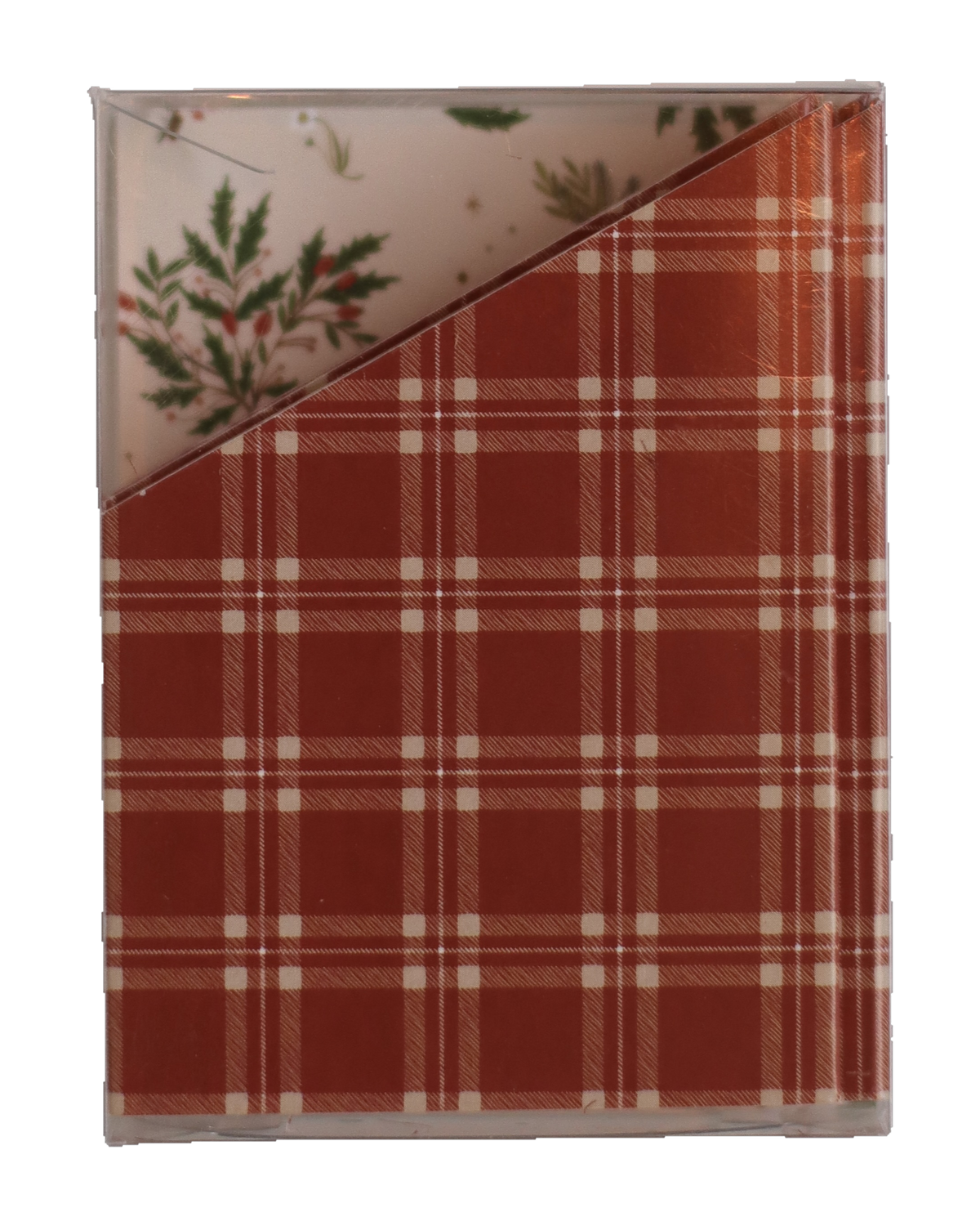 Bespoke Letterpress Heirloom Holly paper crown hats in a clear box, red plaid and holly print
