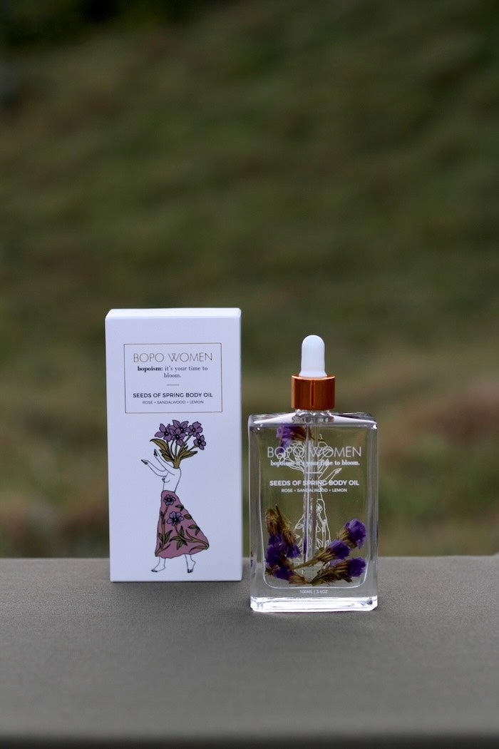 Bottle and packaging of Bopo Women Seeds of Spring Aromatherapy Body Oil 