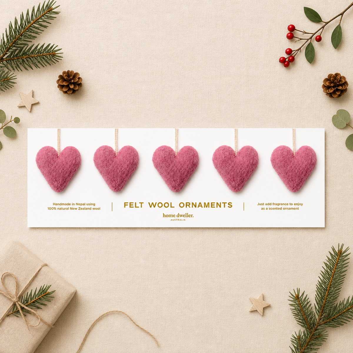 Felt Wool Heart Ornament Set: Red