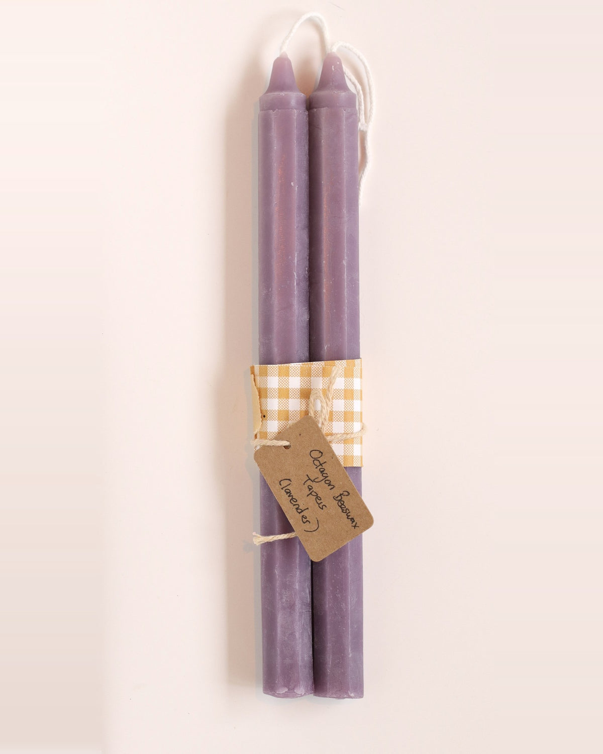 Elliot's Treasures Octagon Taper Beeswax Candle Pair in Lavender, tied with twine and a kraft tag