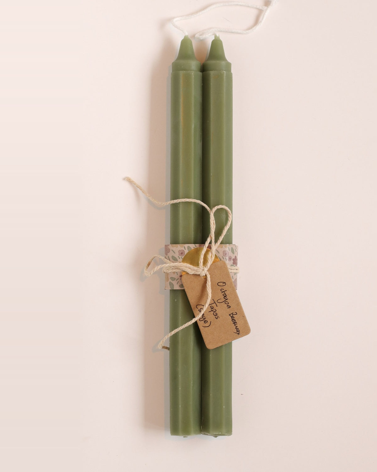 Elliot's Treasures Octagon Taper Beeswax Candle Pair in Sage, tied with twine and a kraft tag