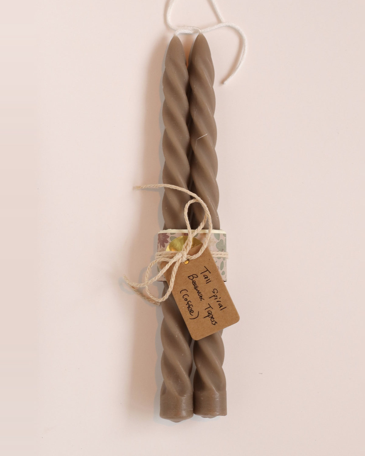 Elliot's Treasures Spiral Beeswax Candle Pair in Coffee, tied with twine and a kraft tag