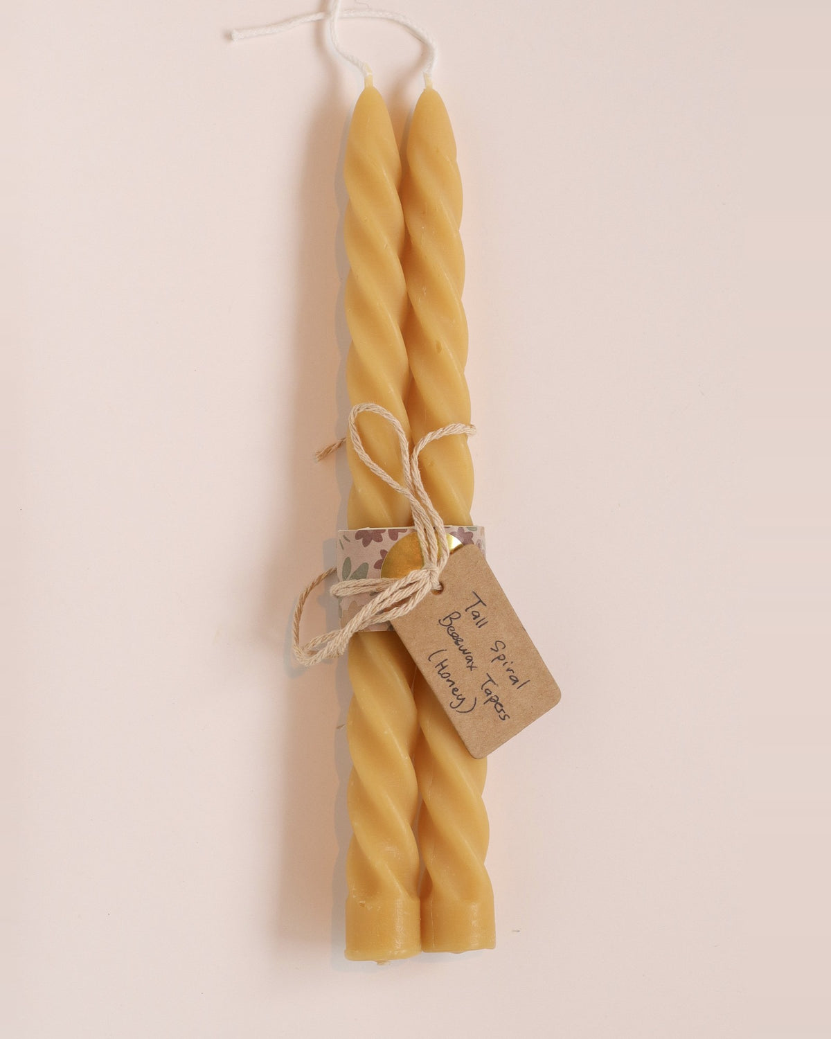 Elliot's Treasures Spiral Beeswax Candle Pair in Honey, tied with twine and a kraft tag