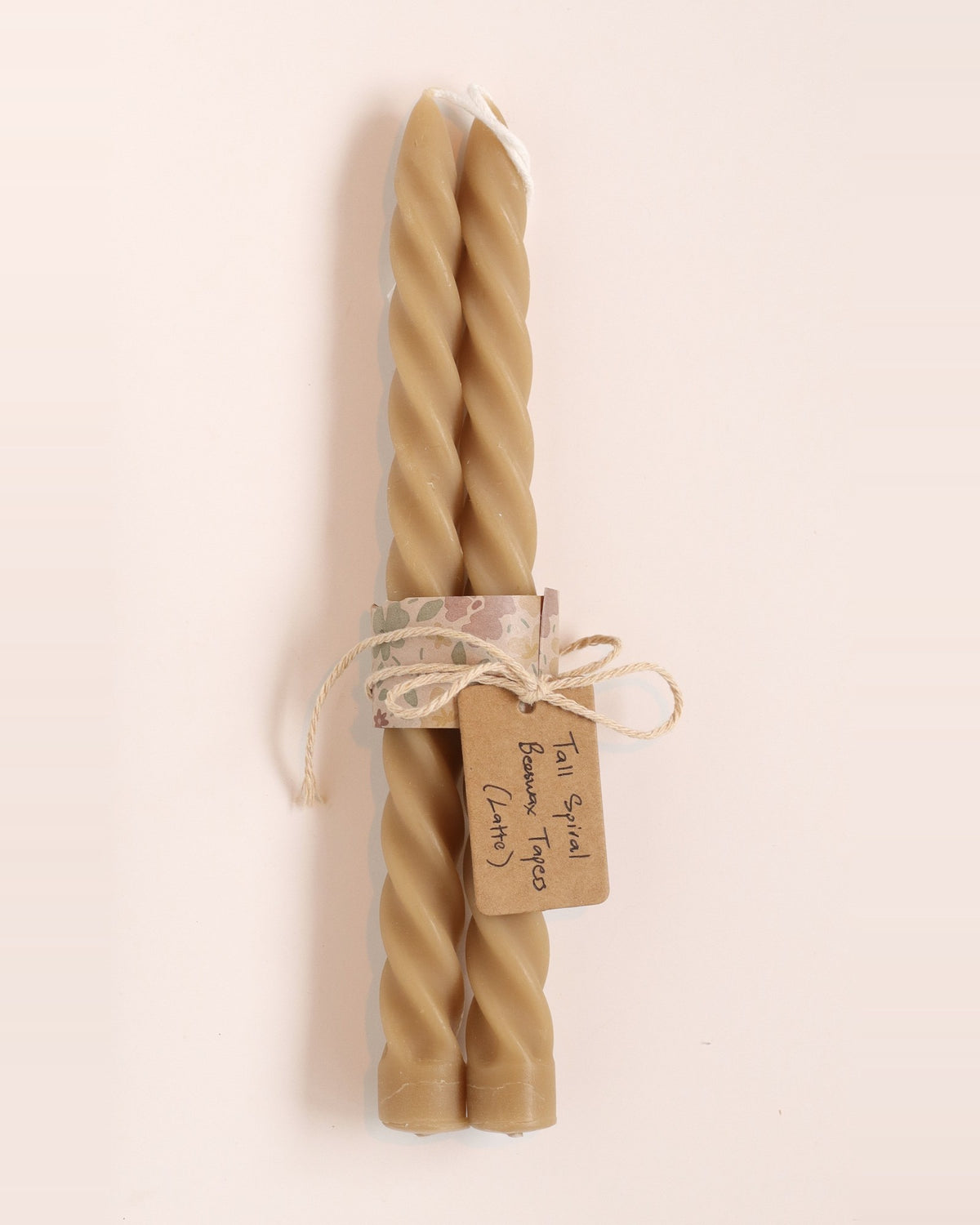 Elliot's Treasures Spiral Beeswax Candle Pair in Latte, tied with twine and a kraft tag