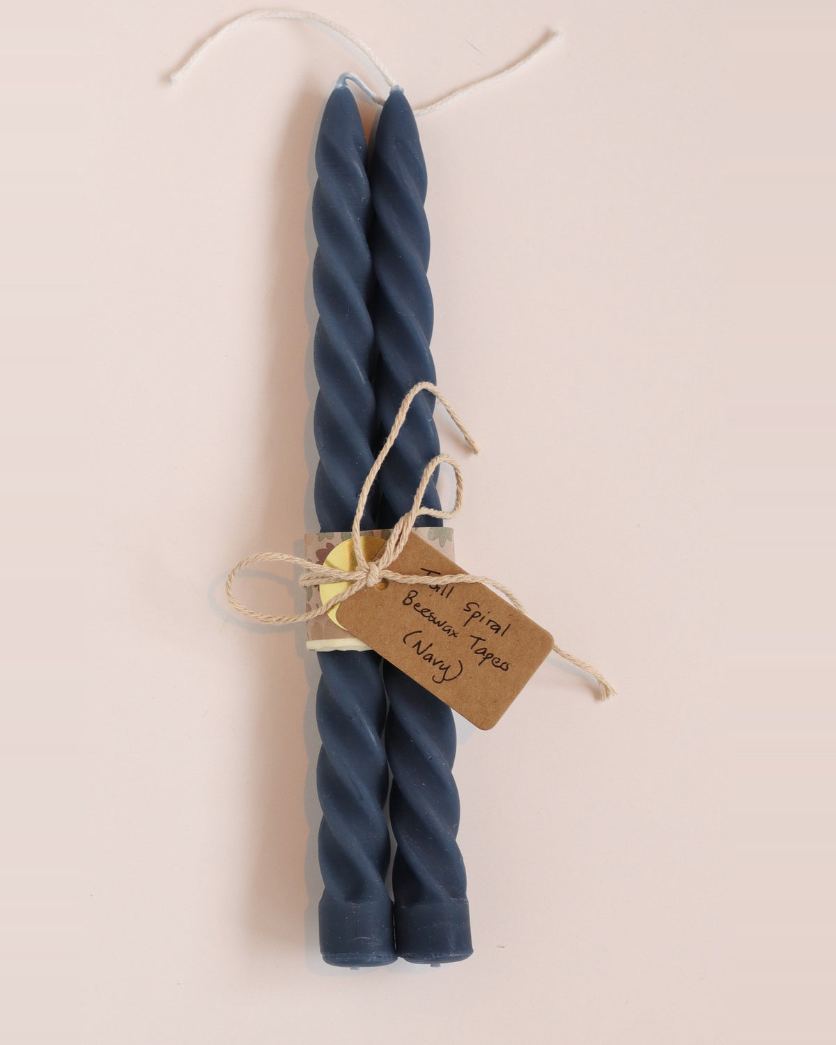 Elliot's Treasures Spiral Beeswax Candle Pair in Navy, tied with twine and a kraft tag