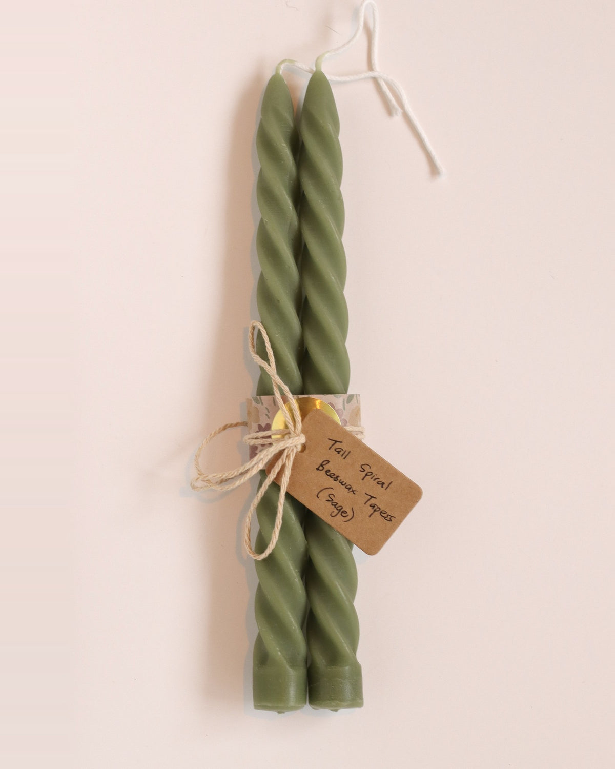 Elliot's Treasures Spiral Beeswax Candle Pair in Sage, tied with twine and a kraft tag
