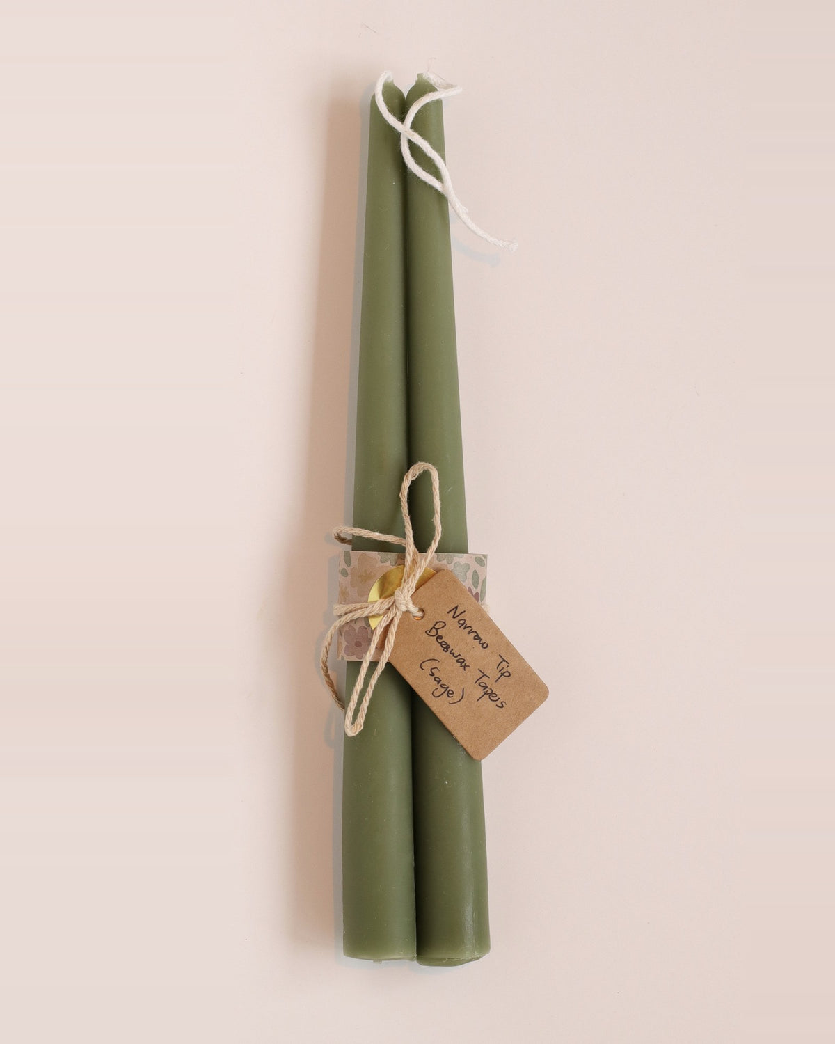 Elliot's Treasures Taper Beeswax Candle Pair in Sage, tied with twine and a kraft tag