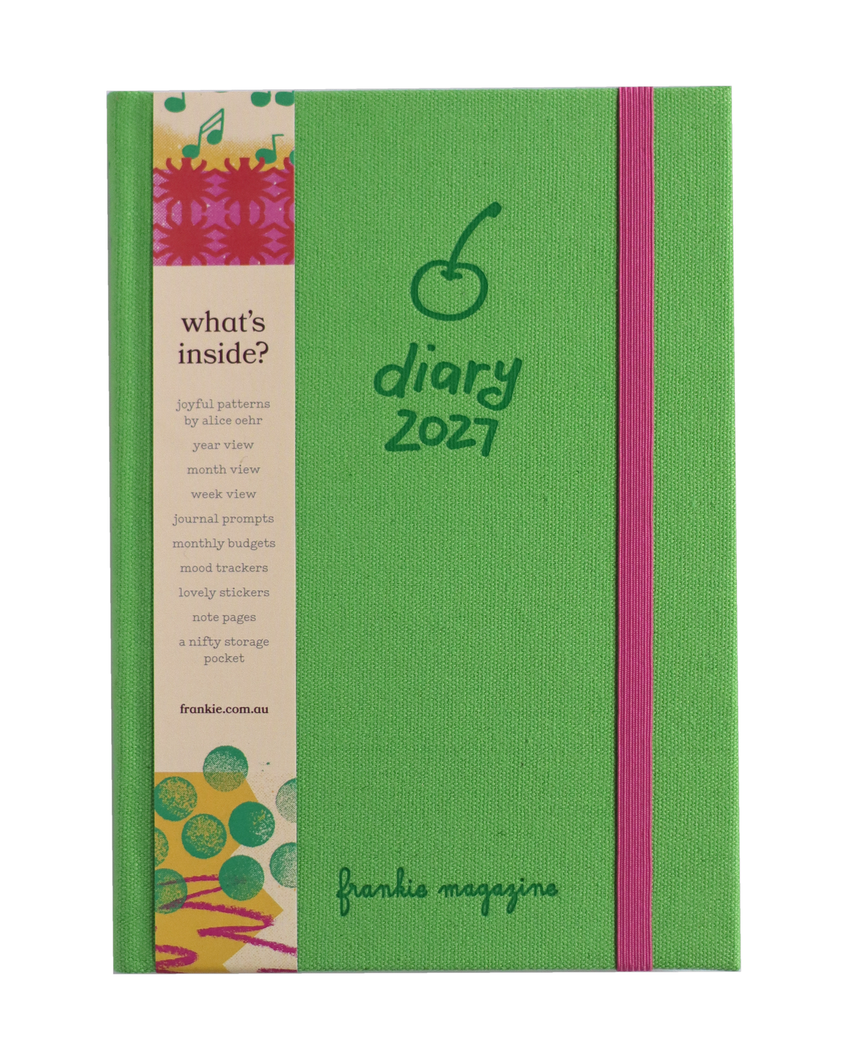 2027 Frankie Diary in green cloth with pink elastic closure