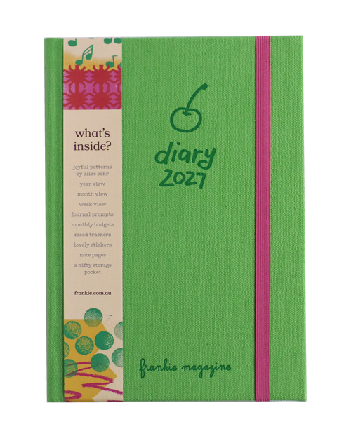 2027 Frankie Diary in green cloth with pink elastic closure